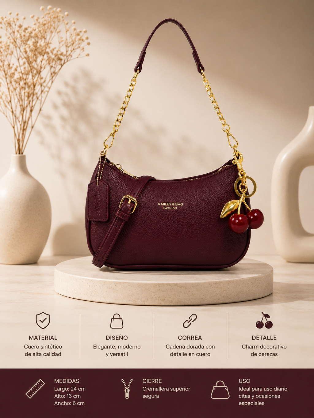 Bolso Elegante con Detalles Dorados y Charm de Cerezas