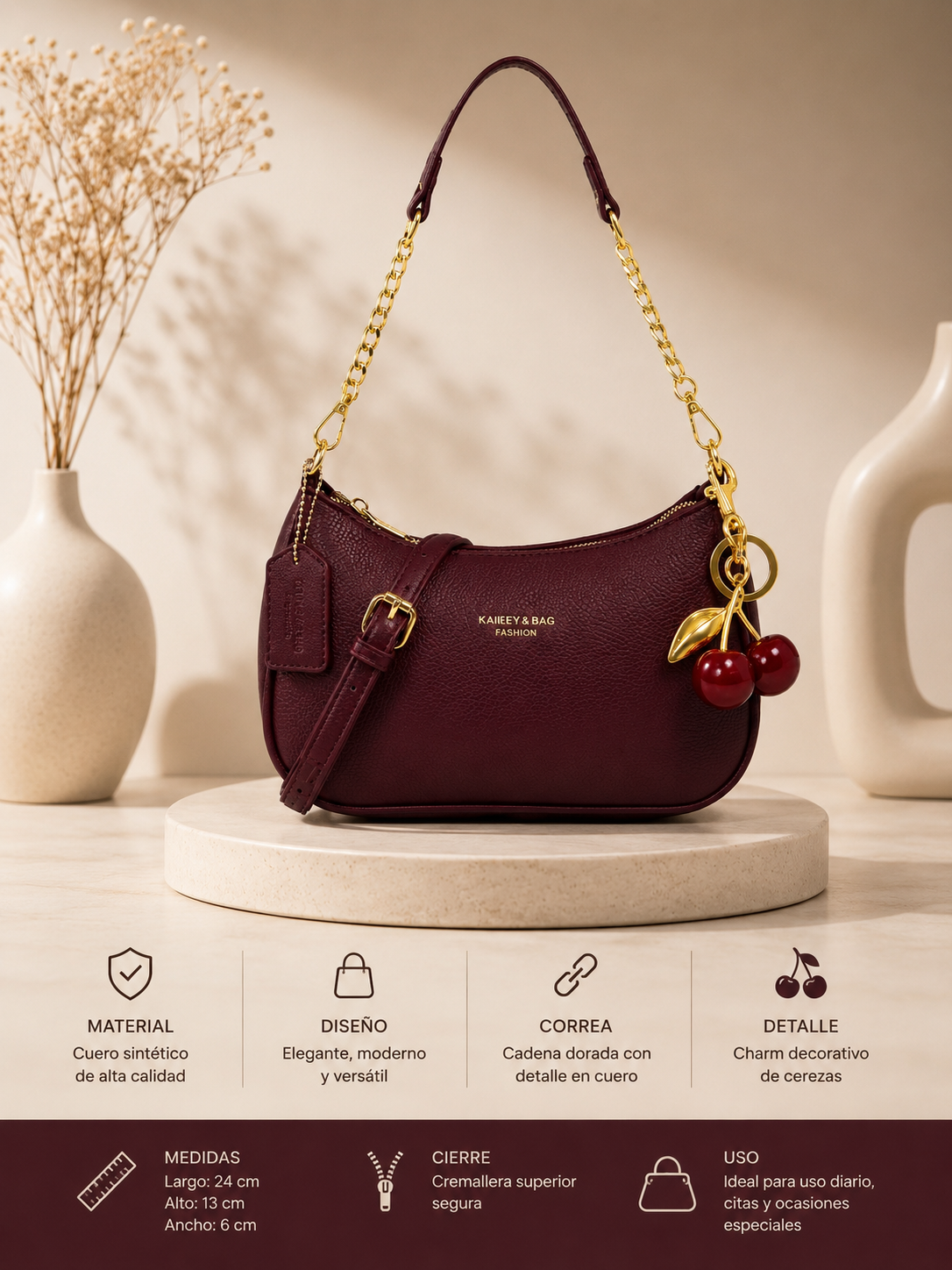 Bolso Elegante con Detalles Dorados y Charm de Cerezas